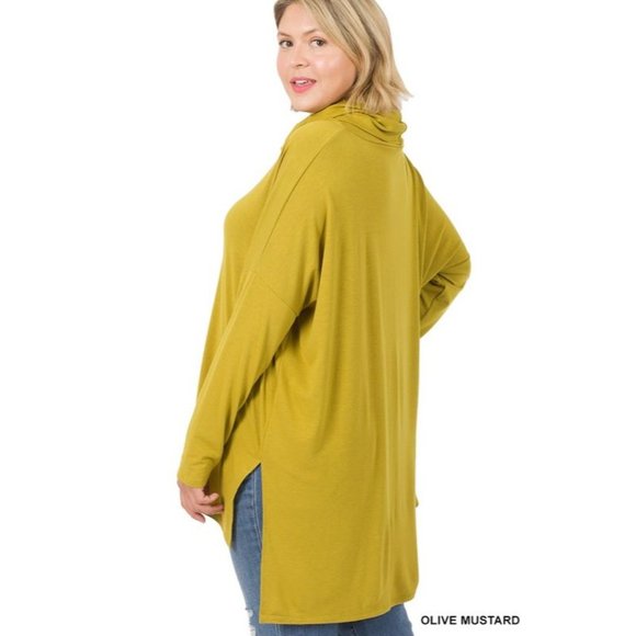 Plus Size Oversized Side Slit Cowl Neck Long Sleeve Top - Picture 4 of 4